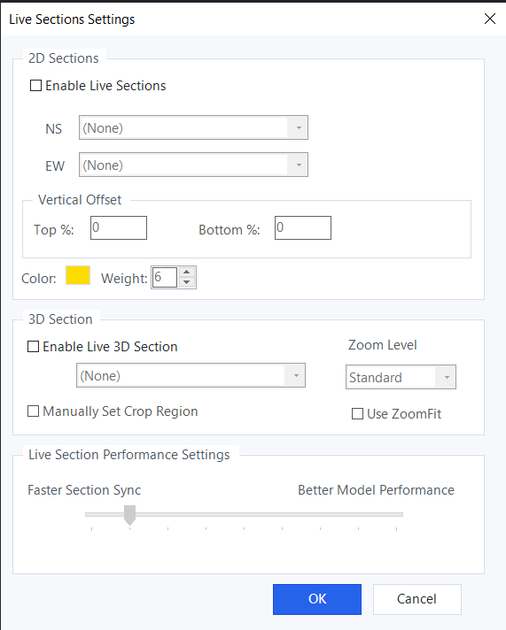Live Sections Settings dialog