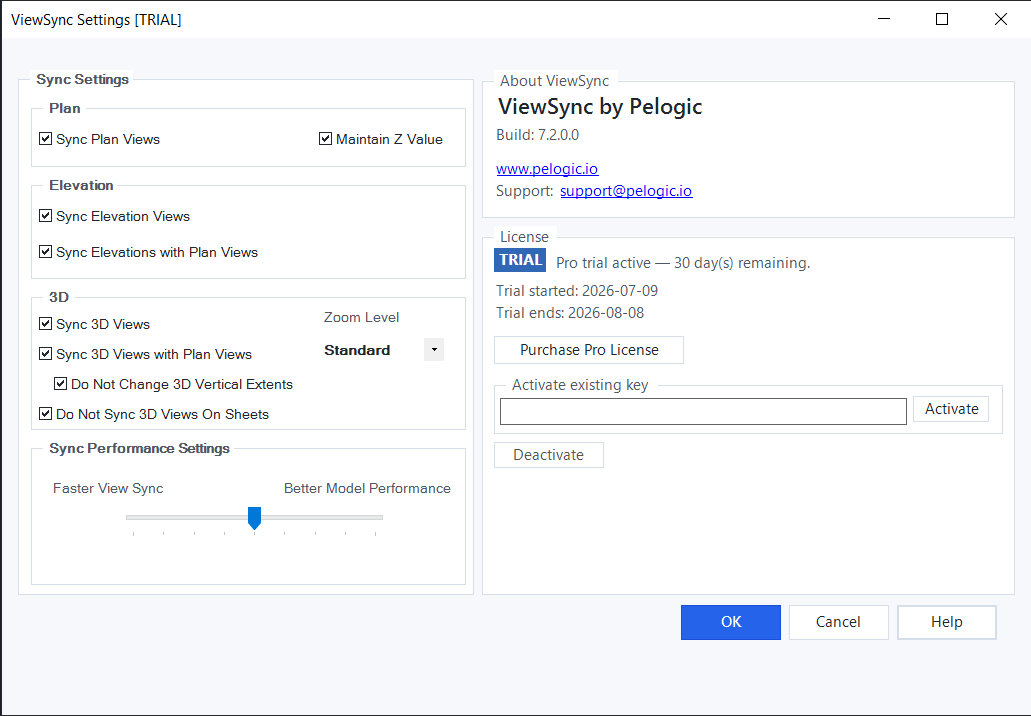 ViewSync Settings dialog with sync and license panels
