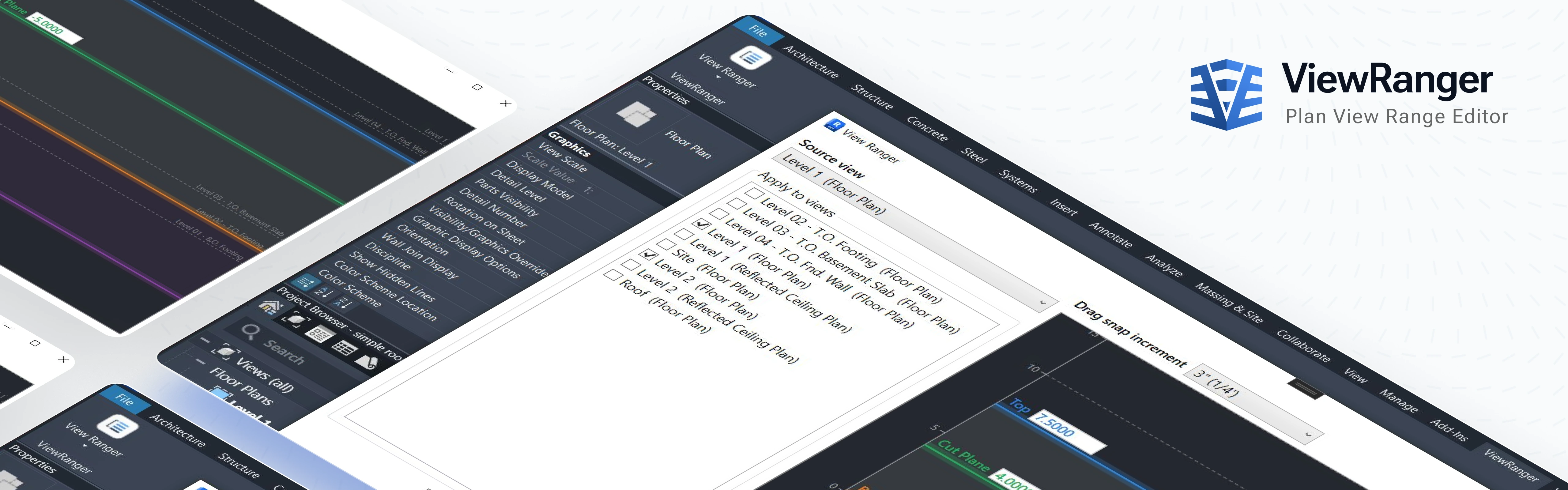 ViewRanger visual plan view range editor shown alongside an Autodesk Revit model and level controls