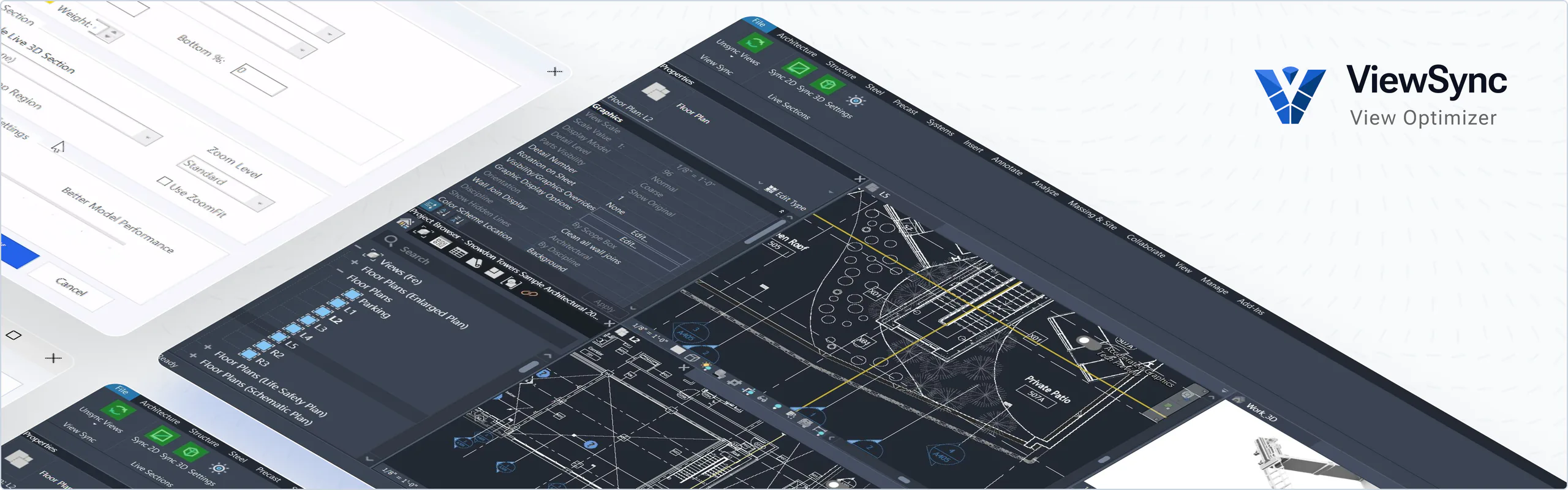 ViewSync synchronizing plan, section, and 3D views in Autodesk Revit